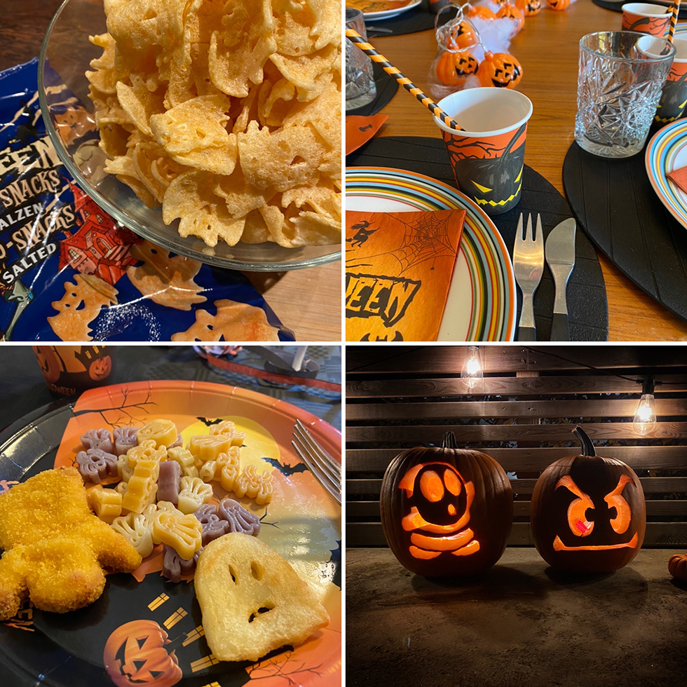 Halloween, fest, pumpor och läskig mat
