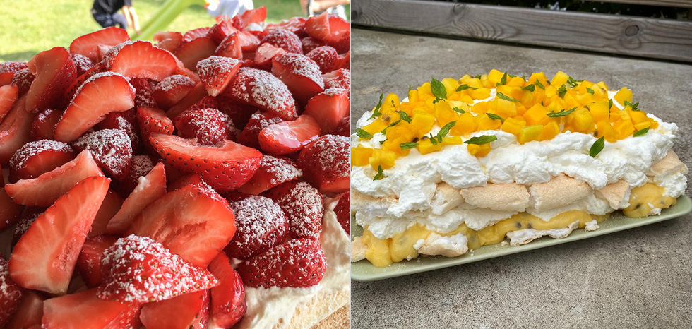Midsommartårta med jordgubbar eller Marängtårta med passionscurd och mango