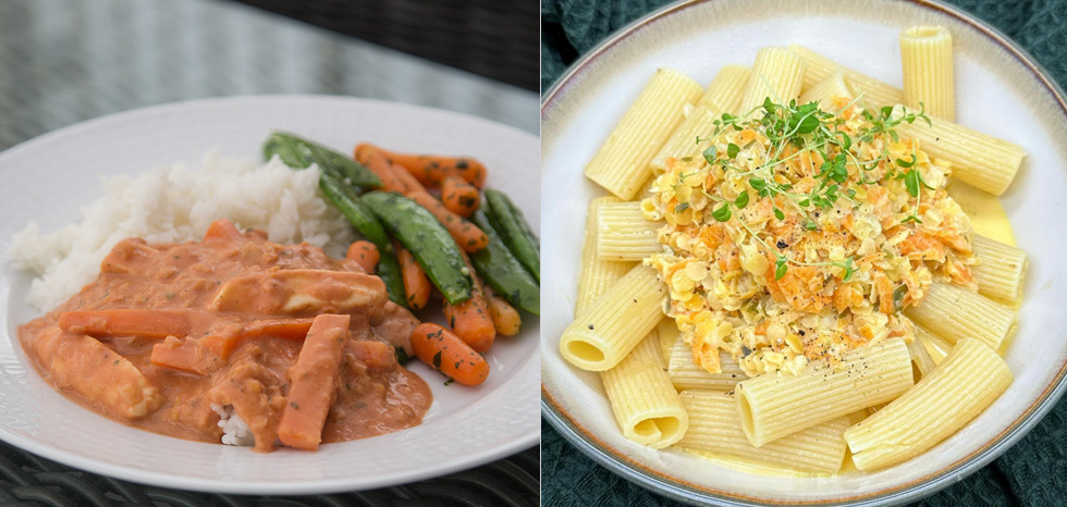 vegetarisk korv stroganoff och linspasta